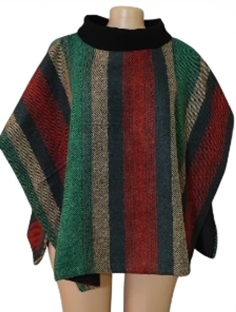 Forest green, red and sand striped woollen poncho with black roll collar on a mannequin